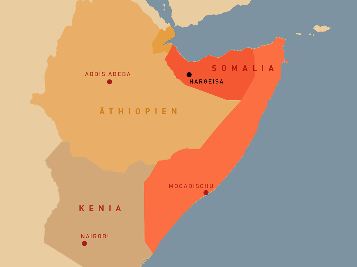 The Horn of Africa: Somalia is bordering Ethiopia, Kenya and Djibouti